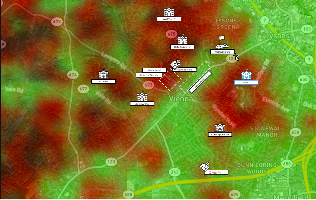 Combined mobile coverage heatmap for Vienna, Virginia